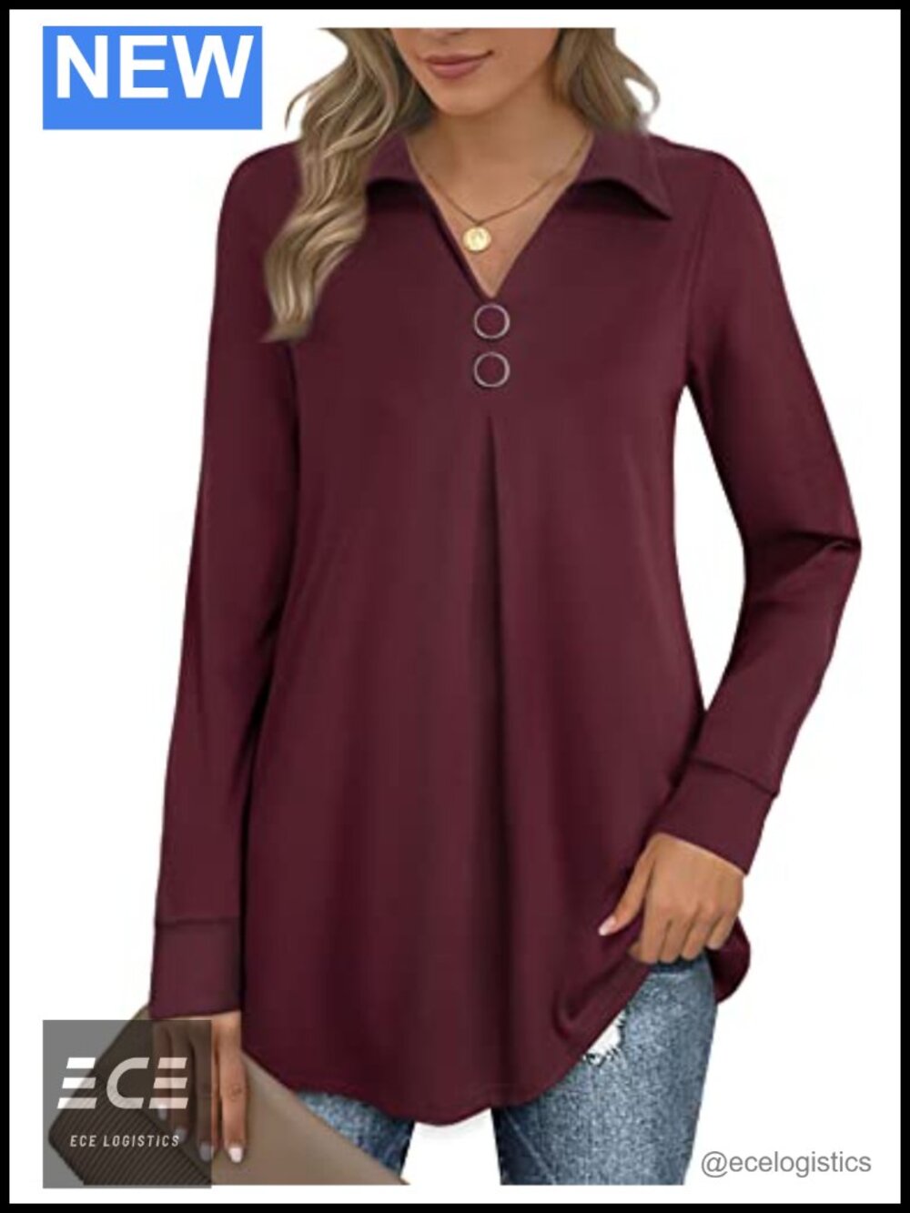 Womens Lapel V Neck Long Sleeve Tunic Blouse Pullover Top